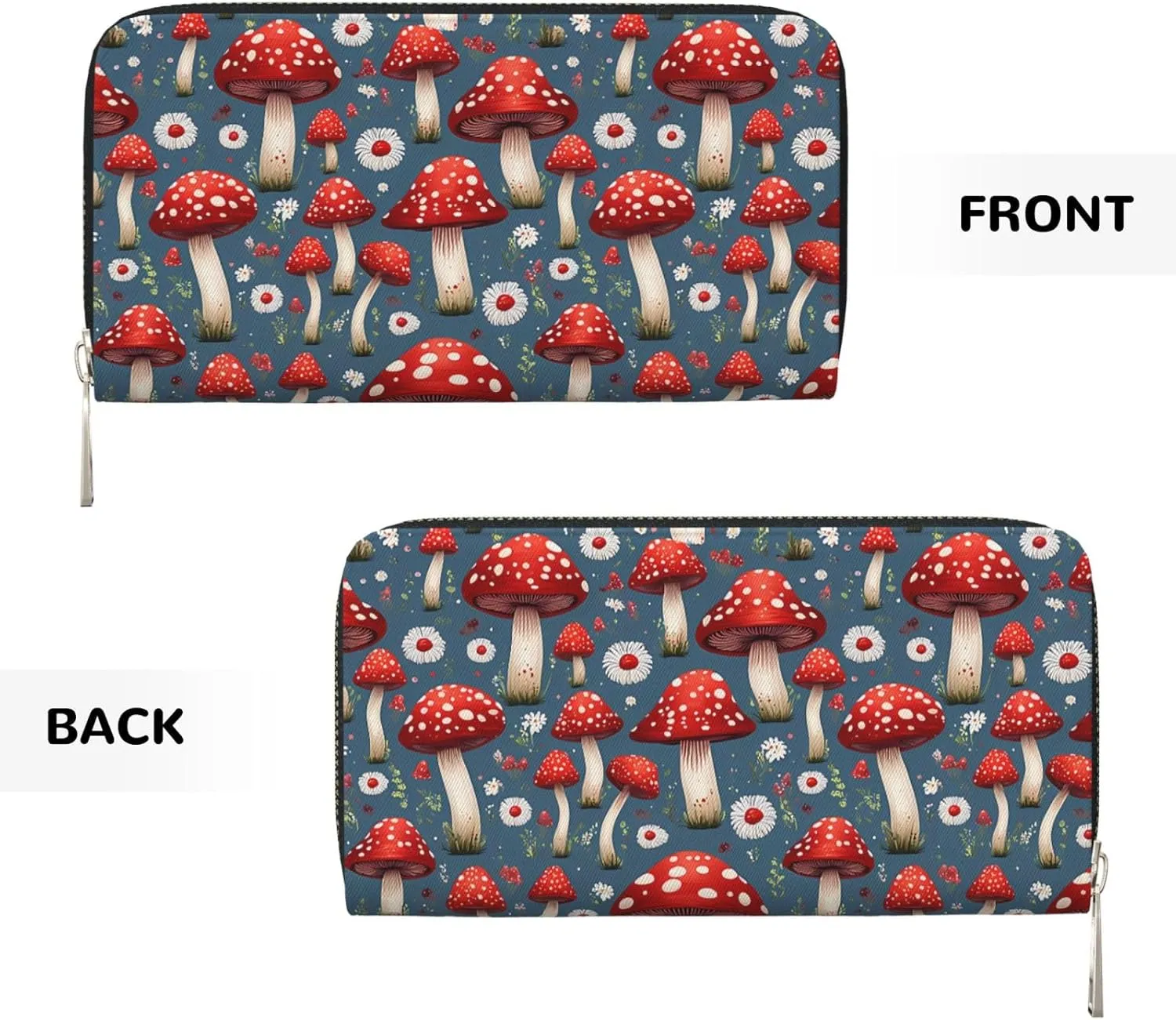 Red Mushrooms Flowers Wallets PU Leather Wallet For Women Men Zipper Credit Card Purse Long Clutch Purse