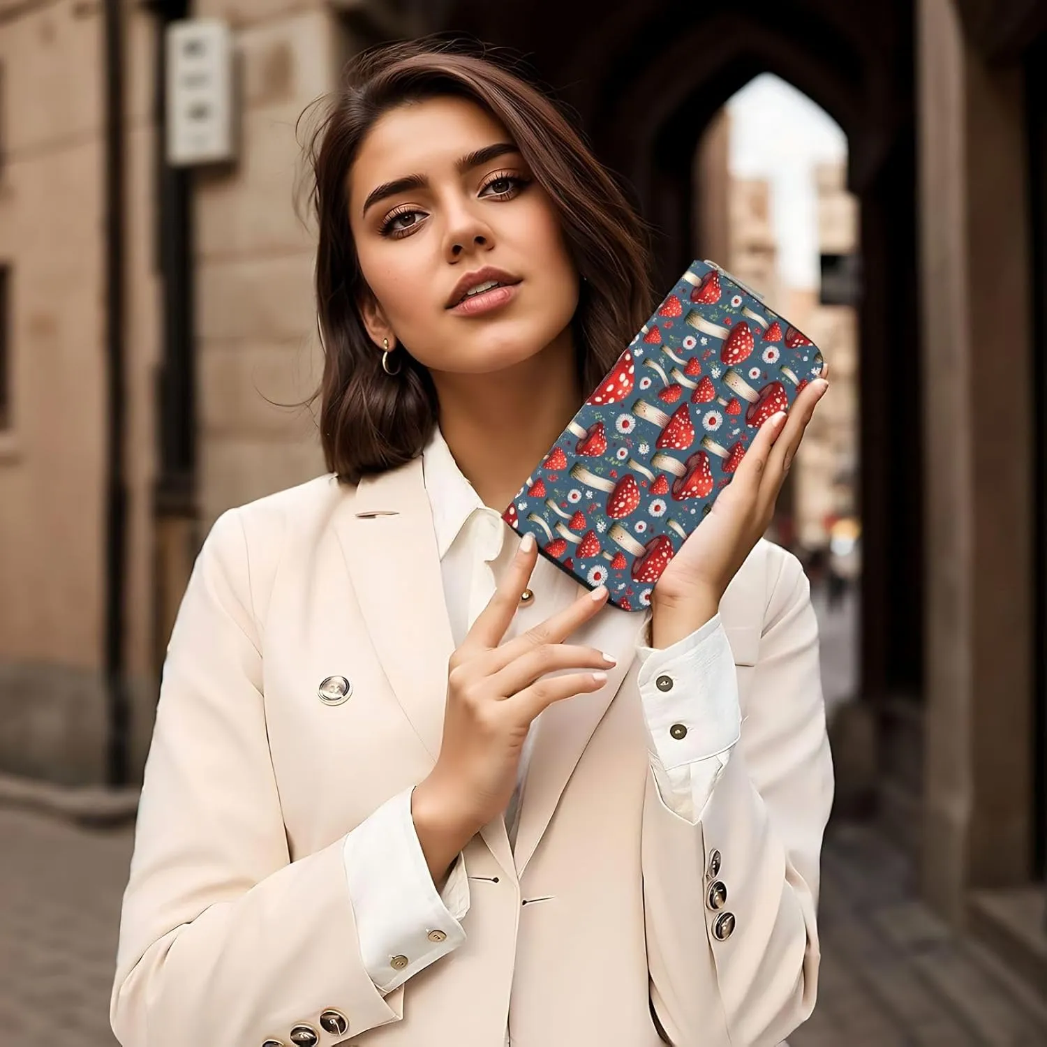 Red Mushrooms Flowers Wallets PU Leather Wallet For Women Men Zipper Credit Card Purse Long Clutch Purse