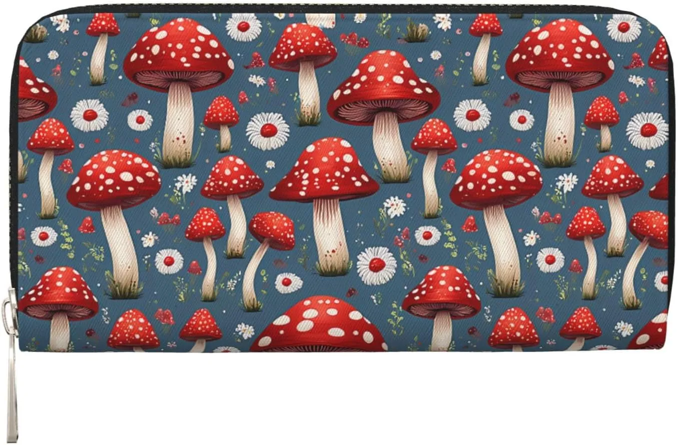 Red Mushrooms Flowers Wallets PU Leather Wallet For Women Men Zipper Credit Card Purse Long Clutch Purse