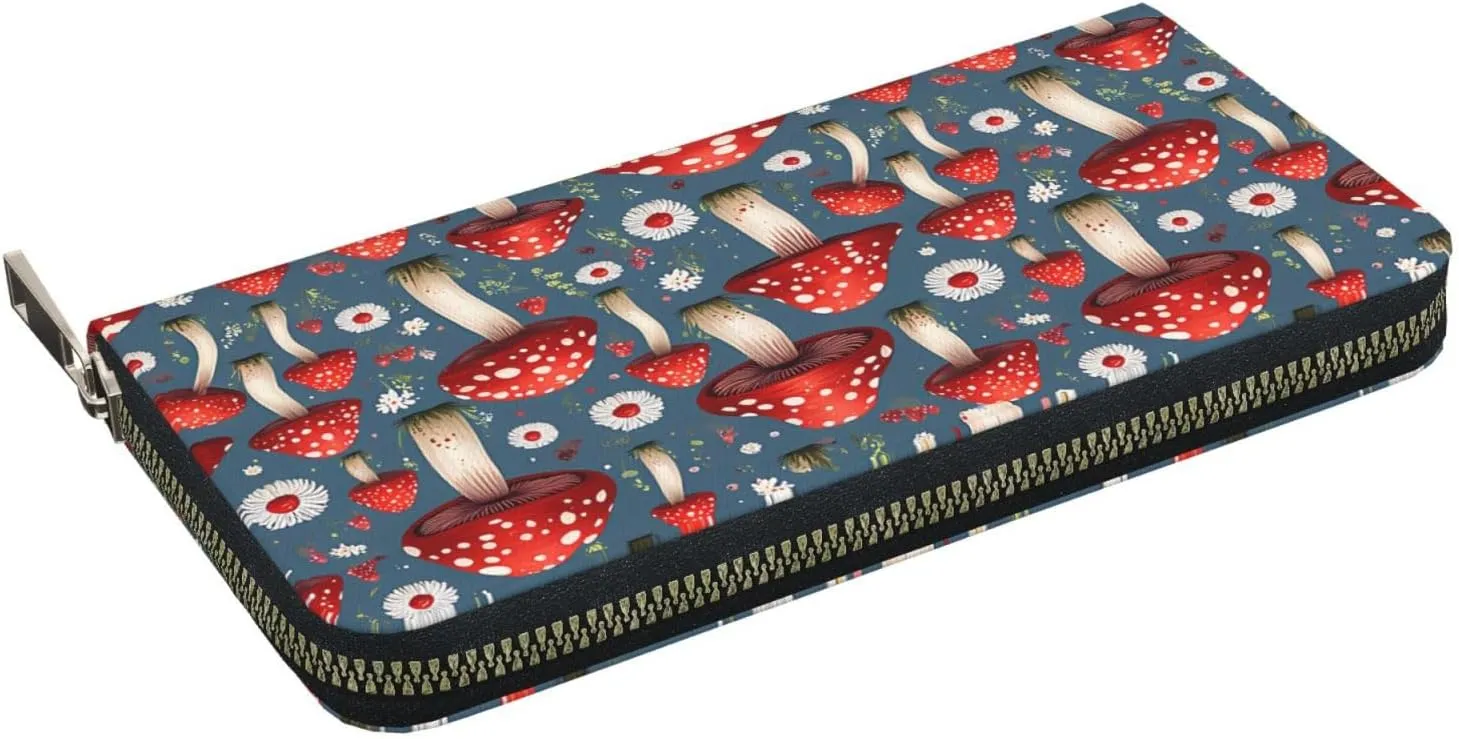Red Mushrooms Flowers Wallets PU Leather Wallet For Women Men Zipper Credit Card Purse Long Clutch Purse