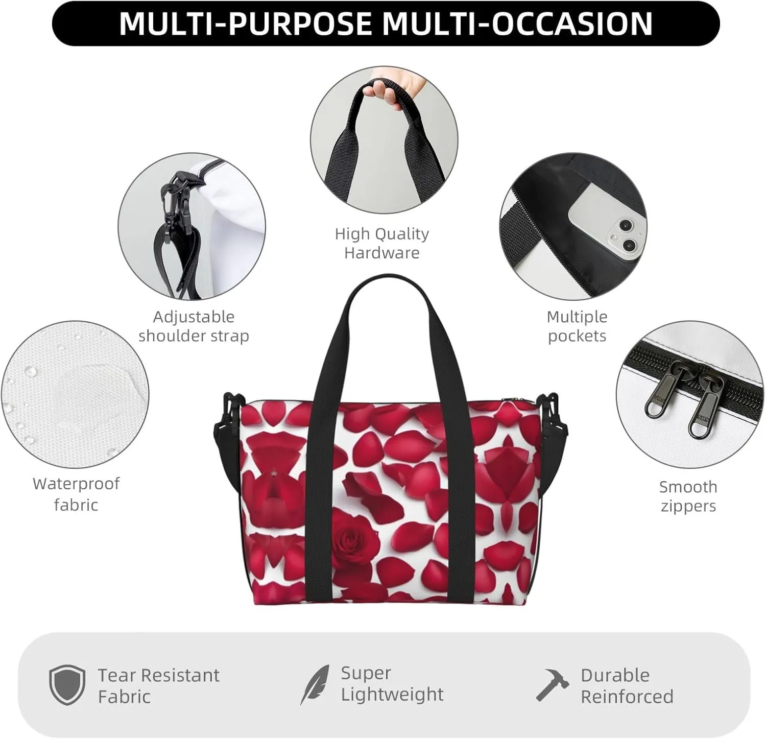 Red Rose Petals Travel Duffel Bag Carry On Tote Bags For Men,Weekender Overnight Bag,Sports Tote Gym Bag