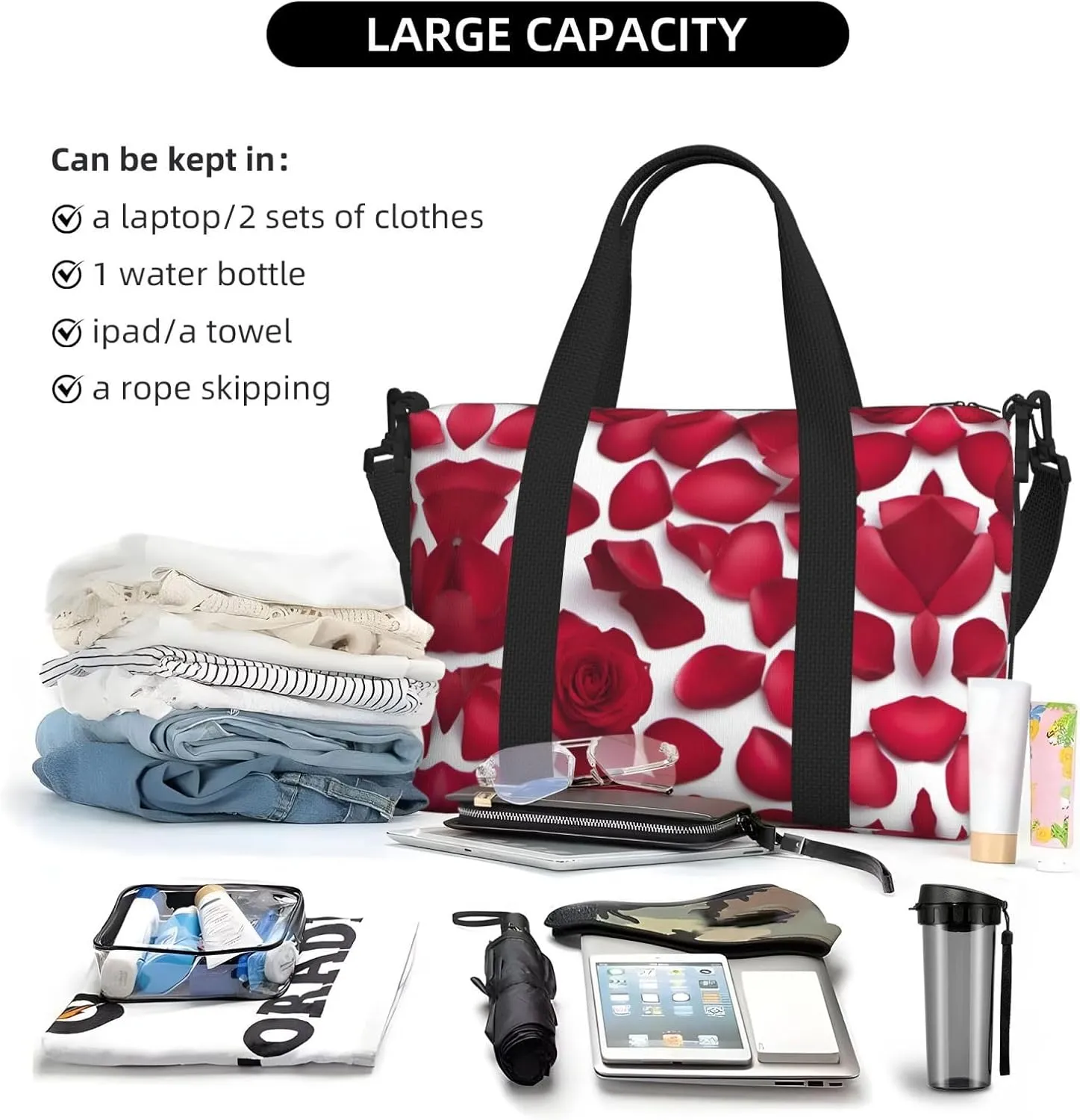 Red Rose Petals Travel Duffel Bag Carry On Tote Bags For Men,Weekender Overnight Bag,Sports Tote Gym Bag