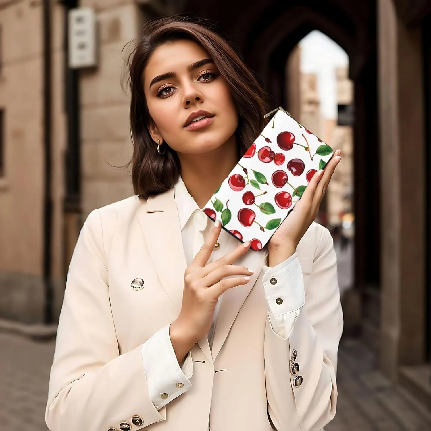 (Red Rose) Pu Leather Purse Multi Compartment Card Wallet Stylish Wallet with Zipper for Cards, Coin, Bill, Red Cherries, One Size