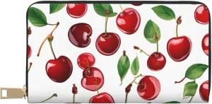 (Red Rose) Pu Leather Purse Multi Compartment Card Wallet Stylish Wallet with Zipper for Cards, Coin, Bill, Red Cherries, One Size