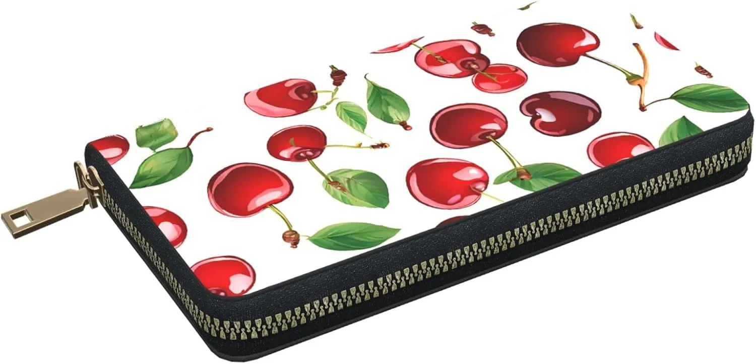 (Red Rose) Pu Leather Purse Multi Compartment Card Wallet Stylish Wallet with Zipper for Cards, Coin, Bill, Red Cherries, One Size