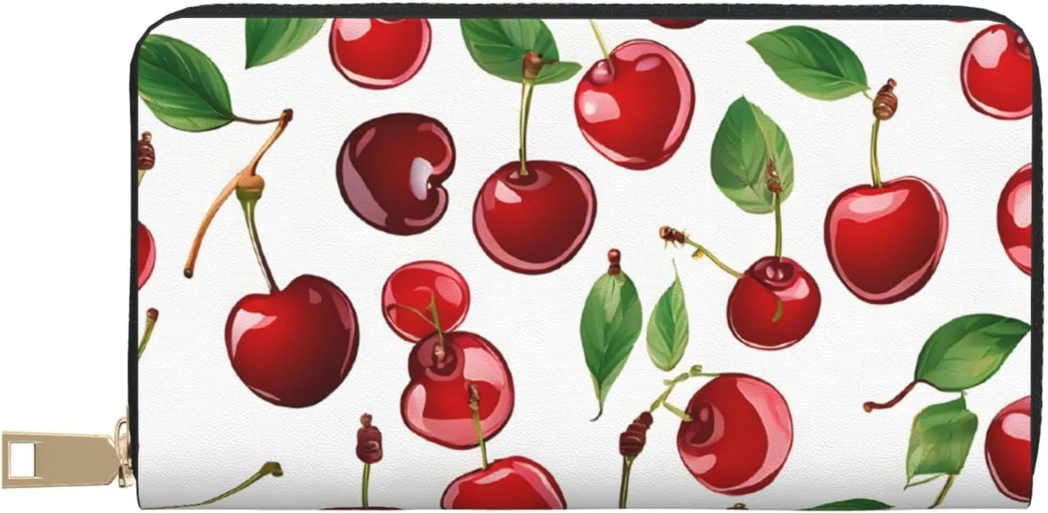 (Red Rose) Pu Leather Purse Multi Compartment Card Wallet Stylish Wallet with Zipper for Cards, Coin, Bill, Red Cherries, One Size