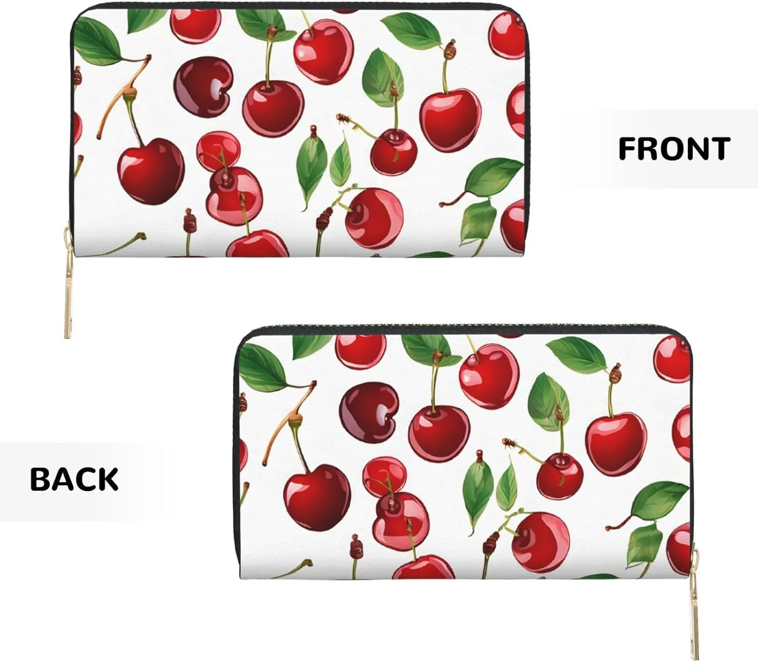 (Red Rose) Pu Leather Purse Multi Compartment Card Wallet Stylish Wallet with Zipper for Cards, Coin, Bill, Red Cherries, One Size