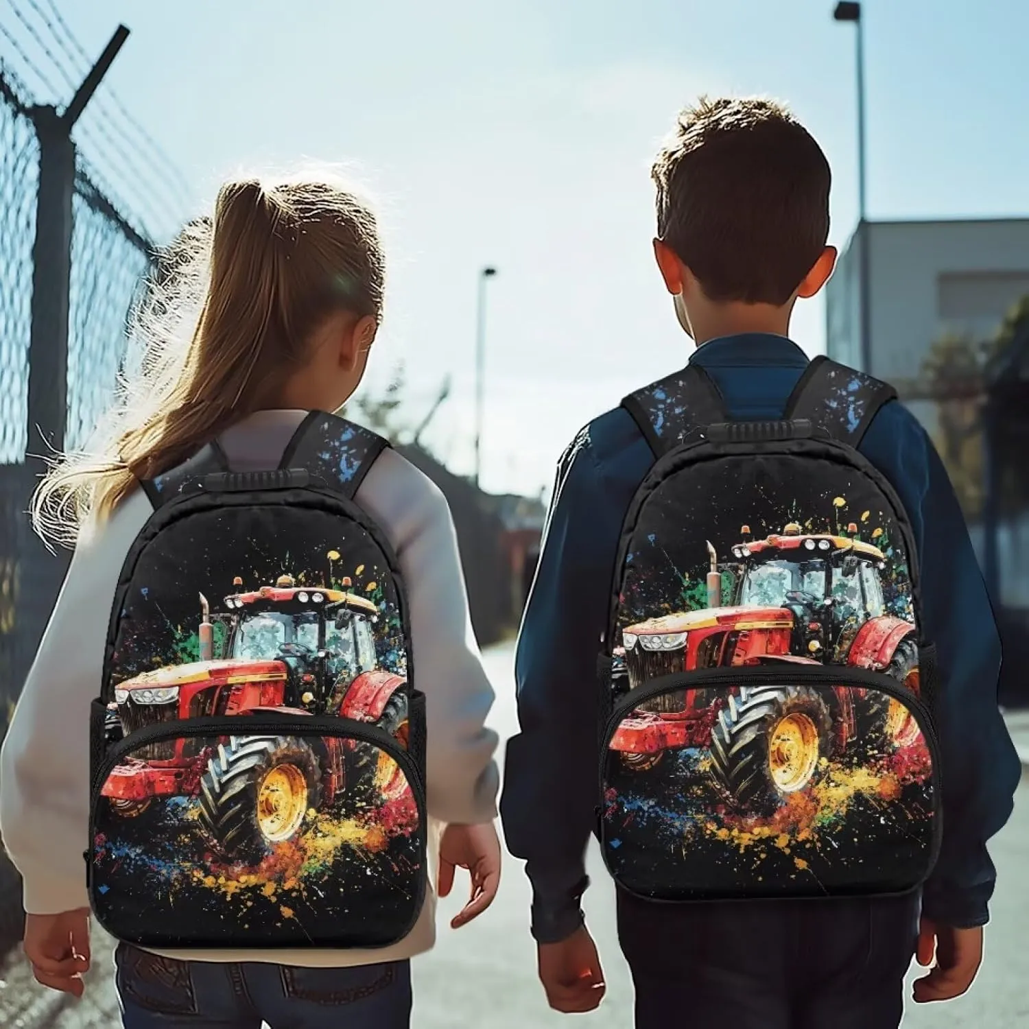 Red Toddler Tractor Backpack for Boys Lightweight School Bag with Front Zipper Pocket 15 Inches Bookbag for Kindergarten Children Travel Casual Knapsack