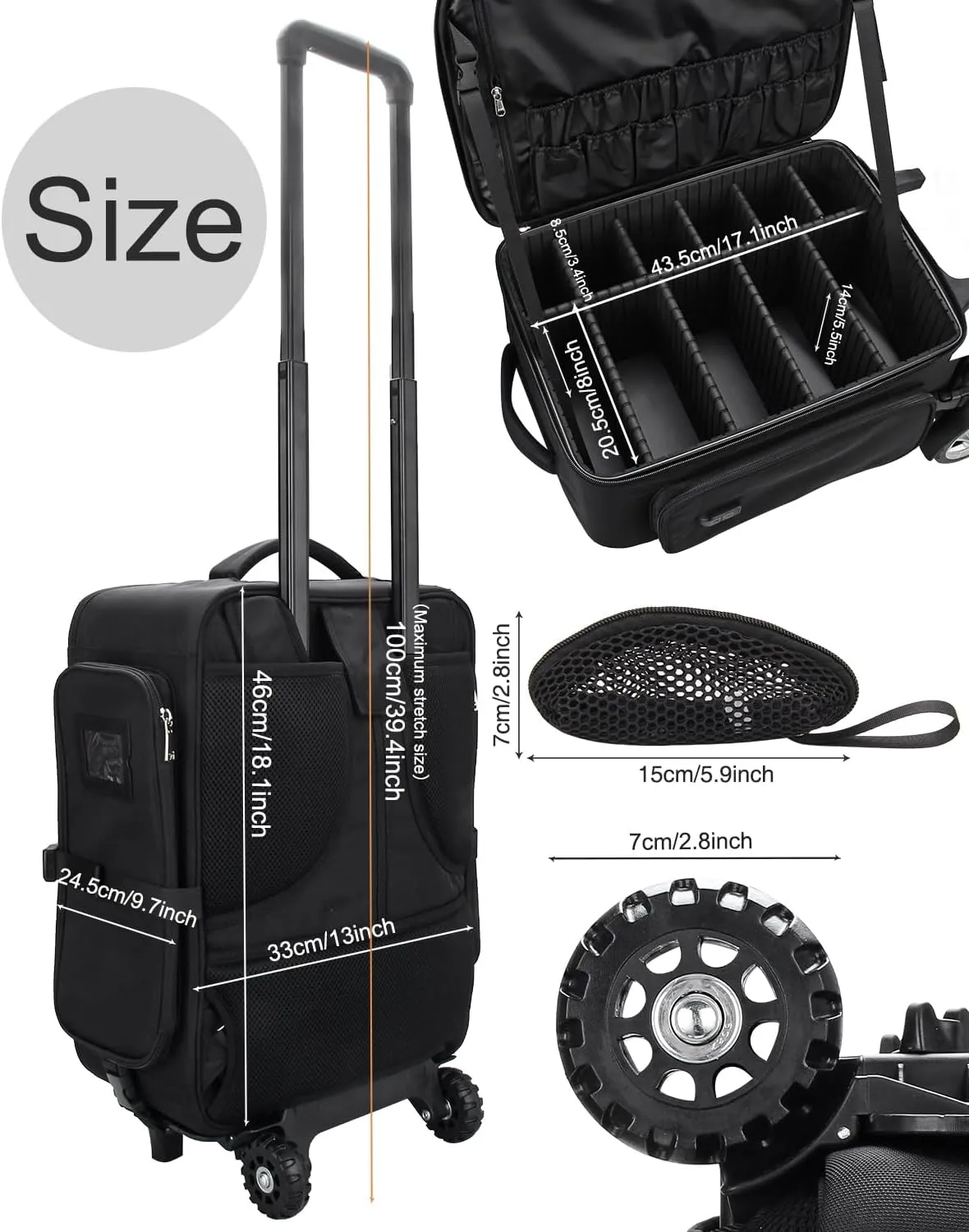Relavel Rolling Makeup Case with 4 Clear Makeup Bags, Makeup Backpack with Makeup Brush Holder, Professional Makeup Organizer, Large Capacity with Adjustable Dividers (Black)
