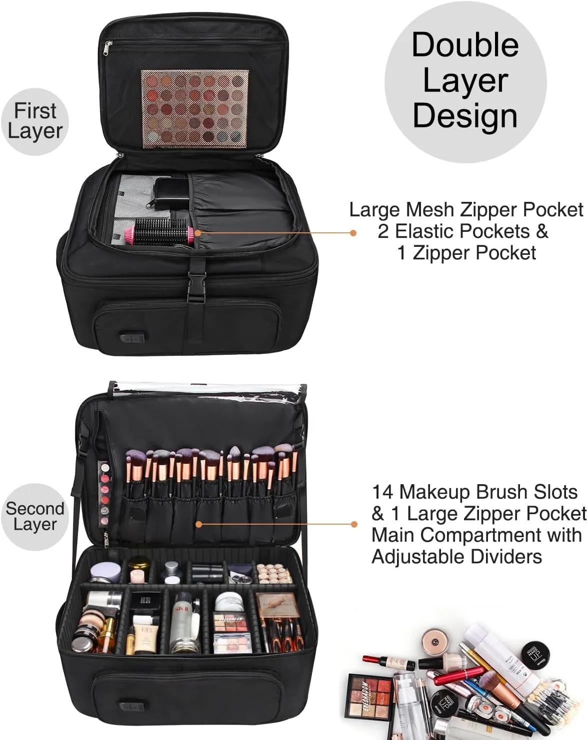 Relavel Rolling Makeup Case with 4 Clear Makeup Bags, Makeup Backpack with Makeup Brush Holder, Professional Makeup Organizer, Large Capacity with Adjustable Dividers (Black)