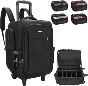 Relavel Rolling Makeup Case with 4 Clear Makeup Bags, Makeup Backpack with Makeup Brush Holder, Professional Makeup Organizer, Large Capacity with Adjustable Dividers (Black)