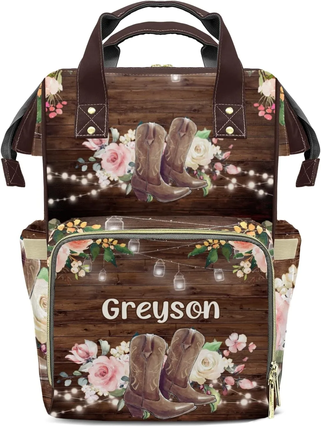 Retro Wood Floral Cowboy Boot Personalized Large Capacity Diaper Bags,Custom Name Backpack Casual Daypack Bag Nappy Bag Gifts