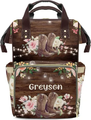 Retro Wood Floral Cowboy Boot Personalized Large Capacity Diaper Bags,Custom Name Backpack Casual Daypack Bag Nappy Bag Gifts