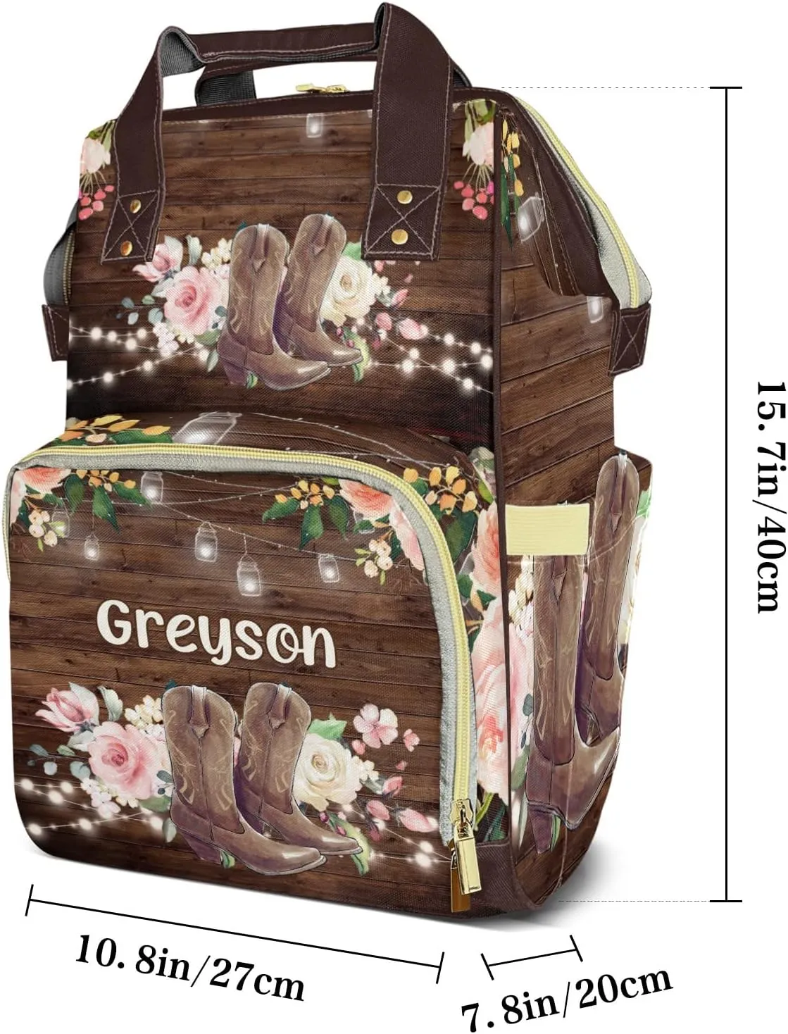Retro Wood Floral Cowboy Boot Personalized Large Capacity Diaper Bags,Custom Name Backpack Casual Daypack Bag Nappy Bag Gifts