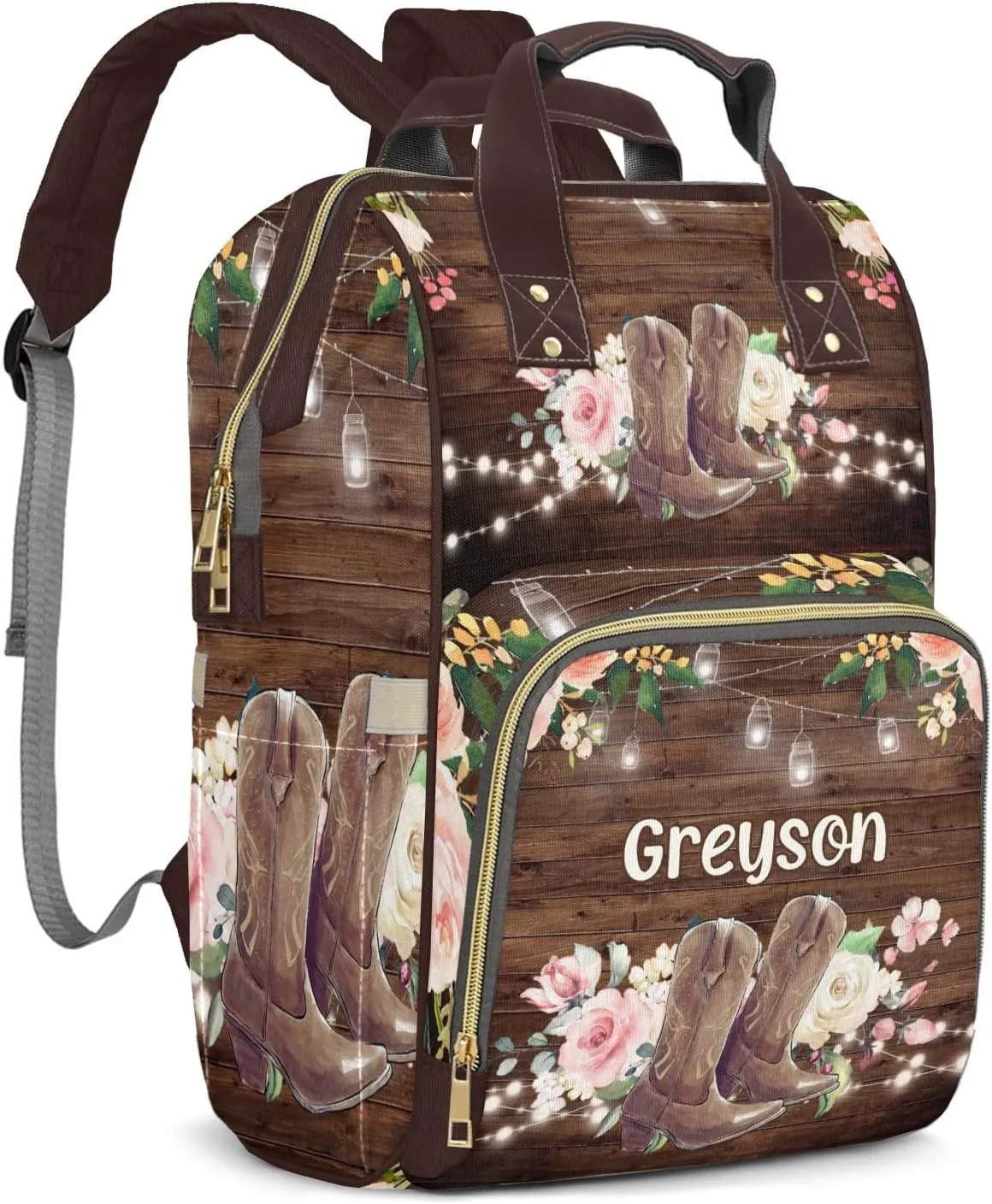 Retro Wood Floral Cowboy Boot Personalized Large Capacity Diaper Bags,Custom Name Backpack Casual Daypack Bag Nappy Bag Gifts