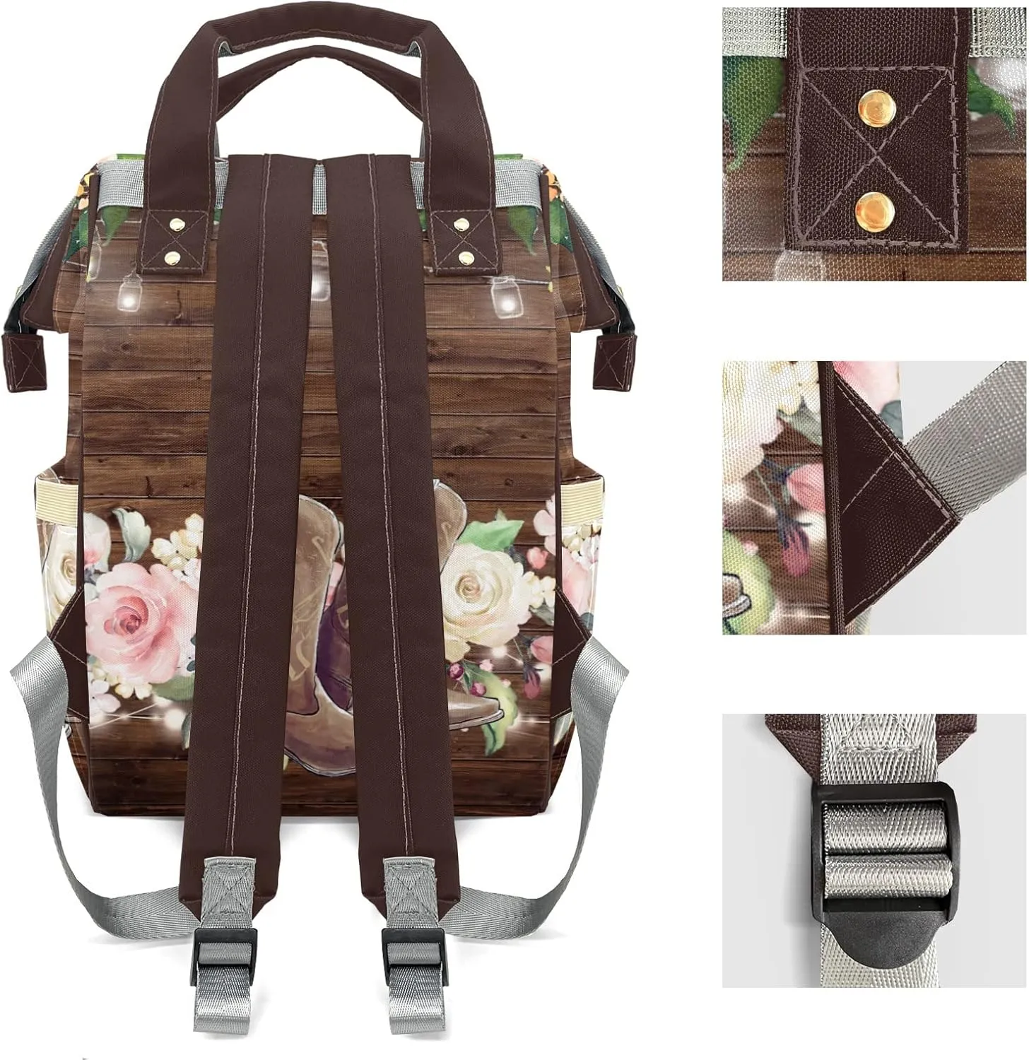 Retro Wood Floral Cowboy Boot Personalized Large Capacity Diaper Bags,Custom Name Backpack Casual Daypack Bag Nappy Bag Gifts