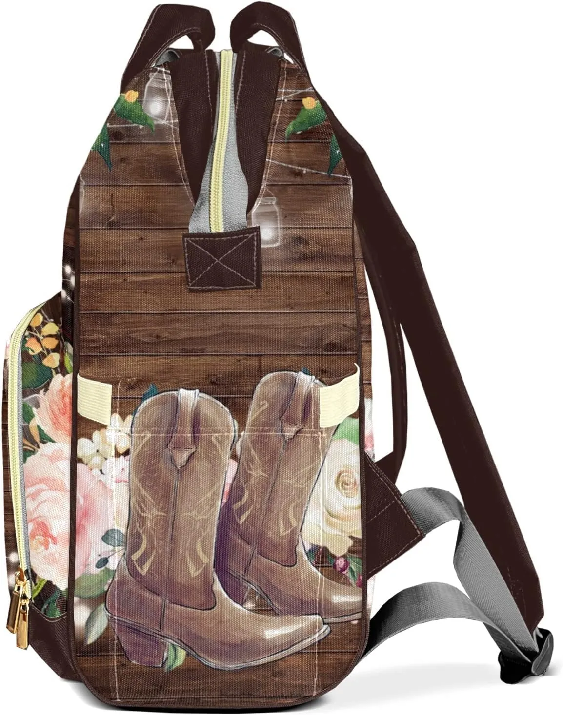 Retro Wood Floral Cowboy Boot Personalized Large Capacity Diaper Bags,Custom Name Backpack Casual Daypack Bag Nappy Bag Gifts