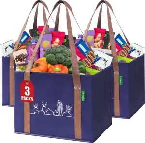 Reusable Grocery Bag (Pack of 3) - Heavy Duty Bags, Large Storage Basket, Foldable, Perfect for Shopping, Storage and Moving Bag, Shopping Cart Cover, Grocery Tote, Turkey Roasting Bags