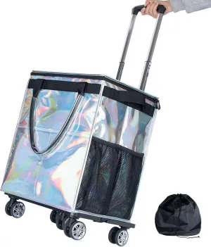 Reusable Grocery Bags on Wheels, Rolling Tote, Portable Shopping Cart for Groceries with Wheels and Drawstring Bag, Trolley, 54L, Foldable, Phantom White