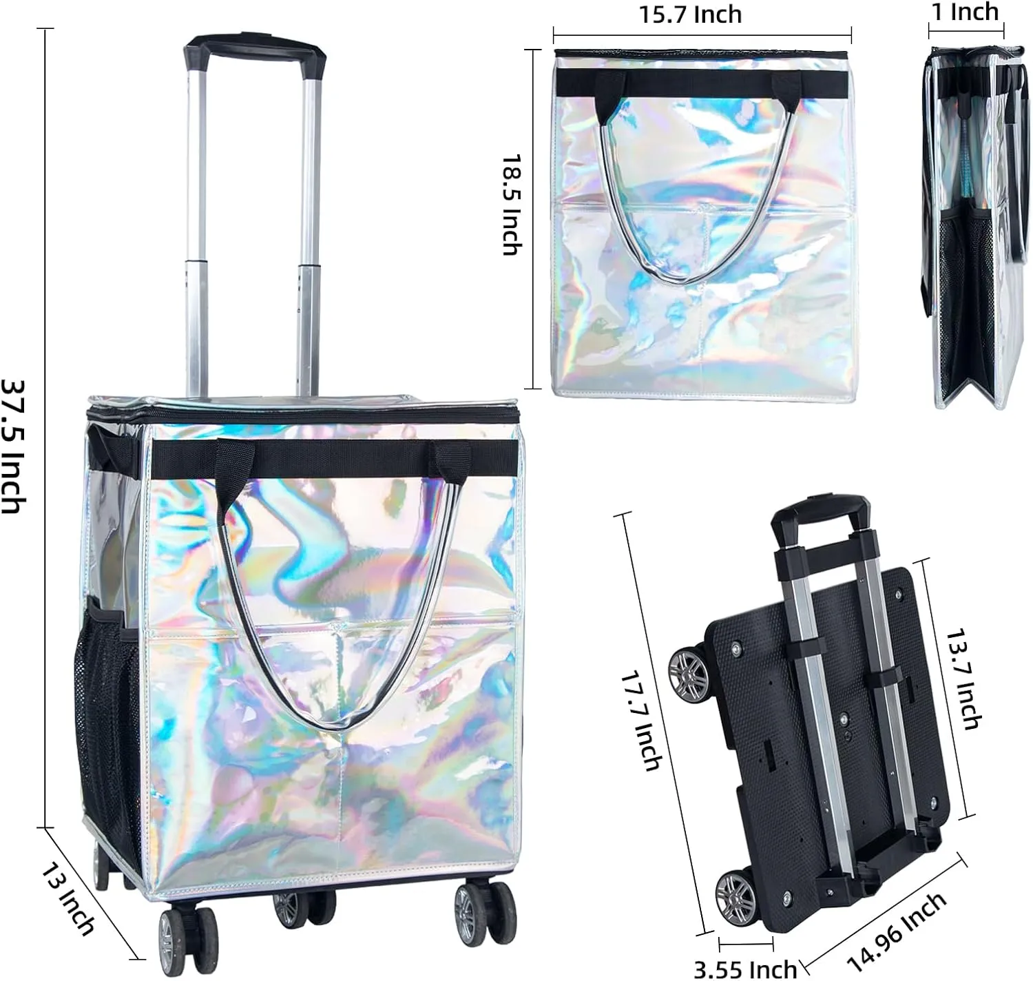 Reusable Grocery Bags on Wheels, Rolling Tote, Portable Shopping Cart for Groceries with Wheels and Drawstring Bag, Trolley, 54L, Foldable, Phantom White