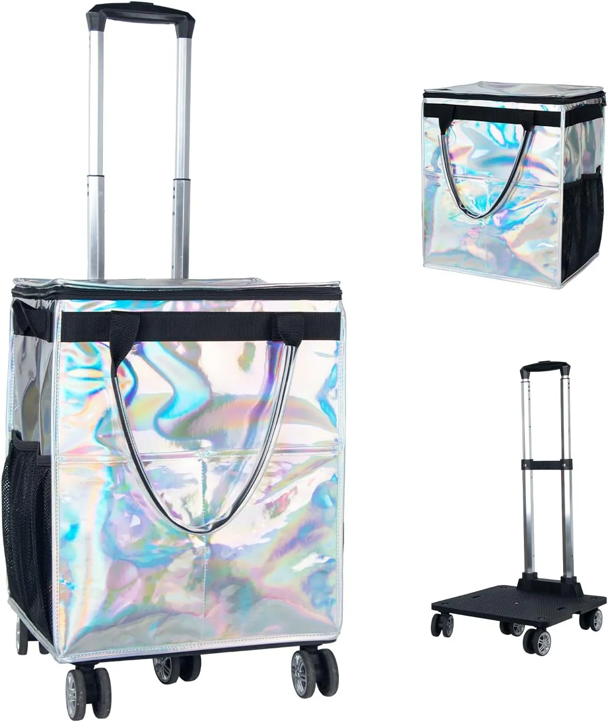 Reusable Grocery Bags on Wheels, Rolling Tote, Portable Shopping Cart for Groceries with Wheels and Drawstring Bag, Trolley, 54L, Foldable, Phantom White