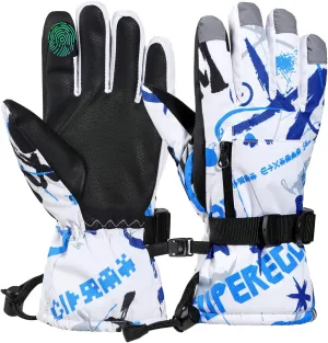 Rhino Valley Ski Gloves for Kids 6-8Y, Windproof Warm Waterproof & Breathable Snow Gloves With Adjustable Cuffs & Zipper Pocket for Snowboarding, Sledding, Skiing, Black  Blue