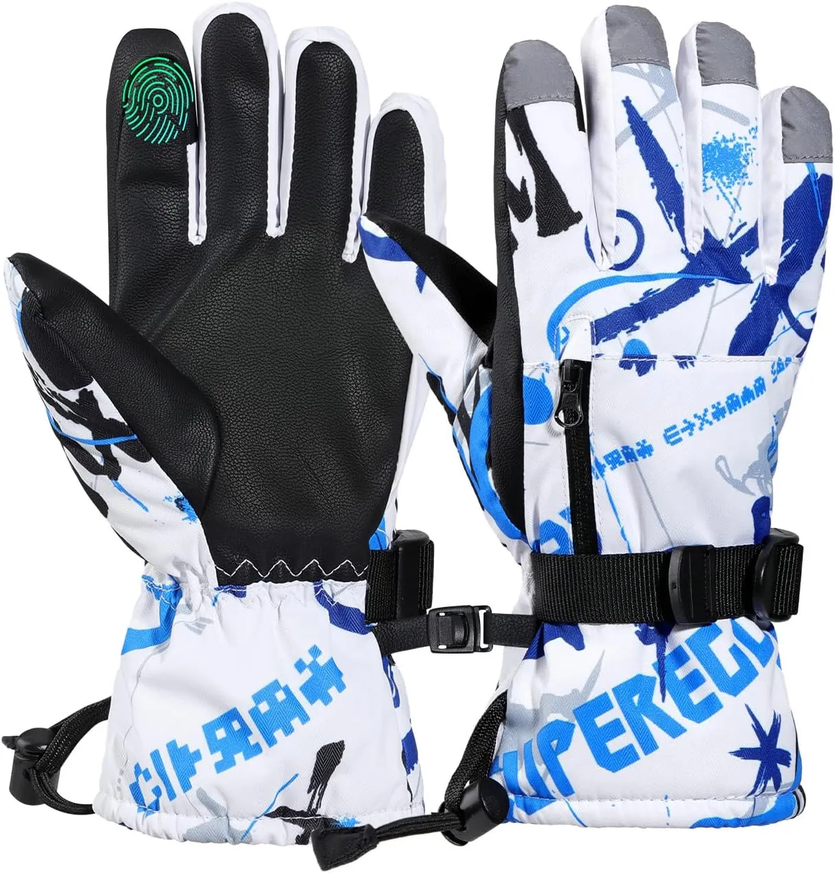 Rhino Valley Ski Gloves for Kids 6-8Y, Windproof Warm Waterproof & Breathable Snow Gloves With Adjustable Cuffs & Zipper Pocket for Snowboarding, Sledding, Skiing, Black  Blue
