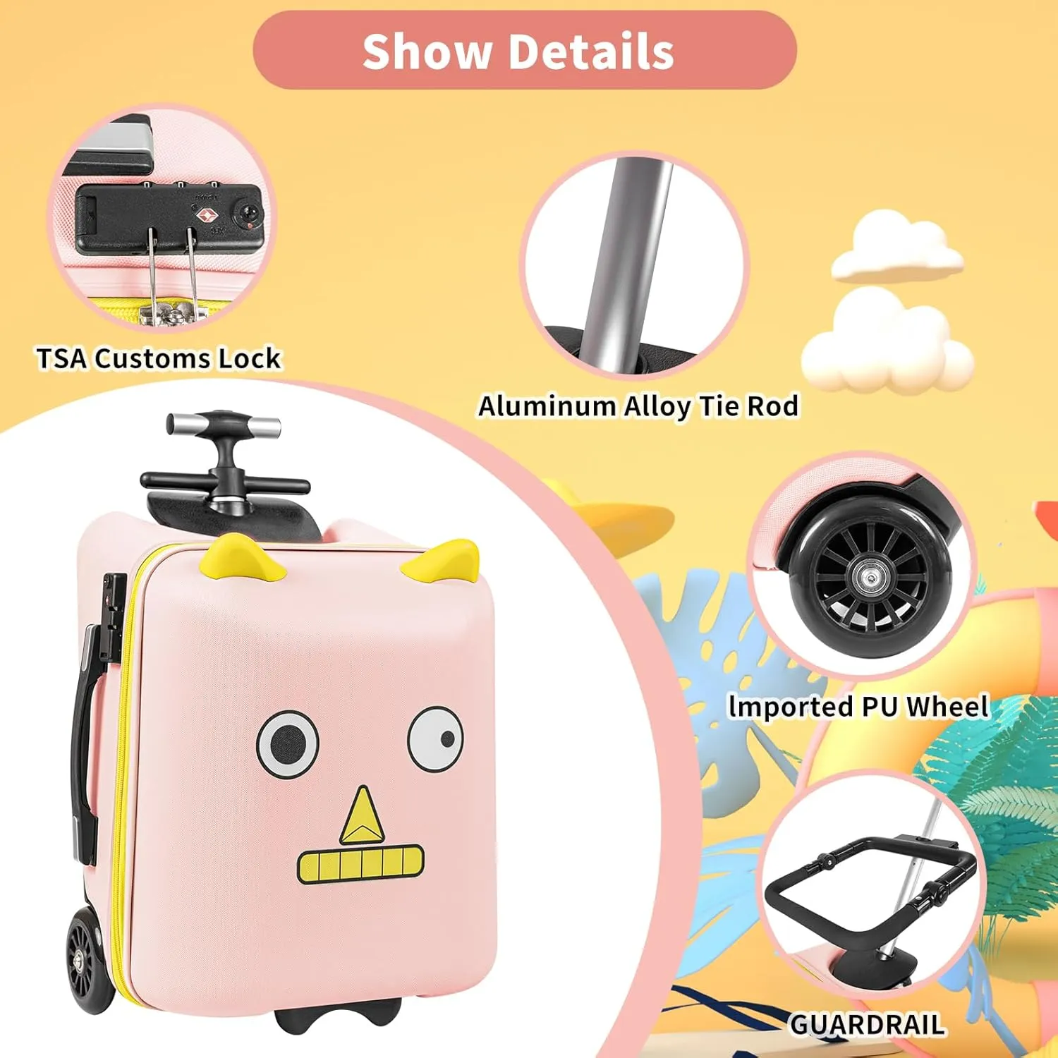 Ride on Suitcase for Kids, 20 inch Hardside Luggage Ride on,Large Suitcases with Child Seat Design with 4 Universal Wheels Help Your Child Travel, Gift as Kids (Pink)