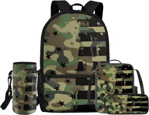 Rnyleeg American Flag Green Camo Backpack for Boys with Lunch Box Fashion Boys Backpack Ages 8-10 Lightweight Bookbag Set for Elementary Middle School Back to School Supplies Set