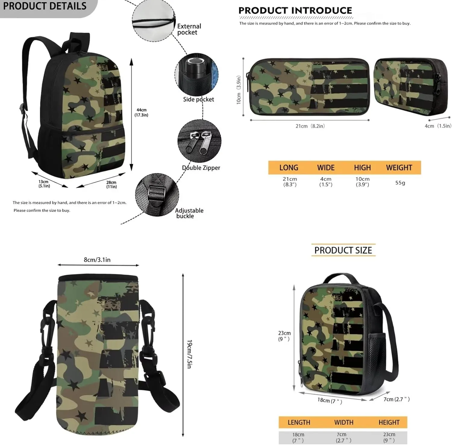 Rnyleeg American Flag Green Camo Backpack for Boys with Lunch Box Fashion Boys Backpack Ages 8-10 Lightweight Bookbag Set for Elementary Middle School Back to School Supplies Set