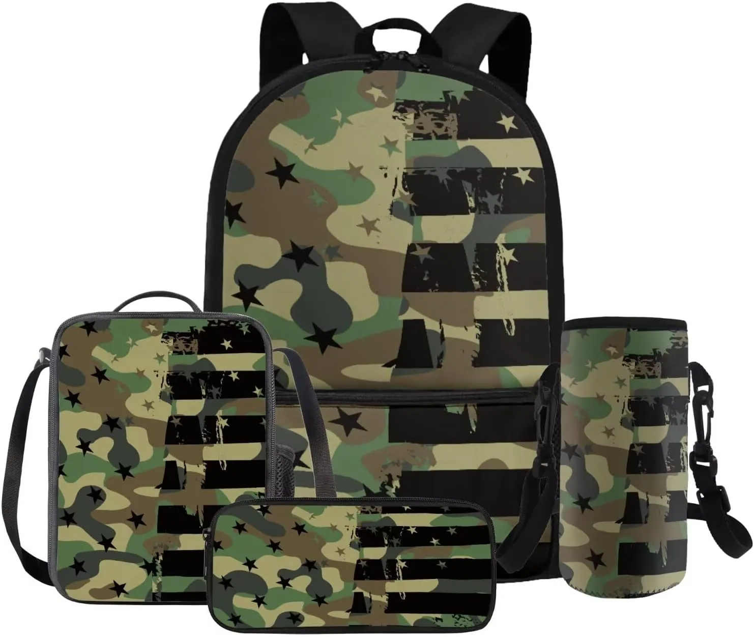 Rnyleeg American Flag Green Camo Backpack for Boys with Lunch Box Fashion Boys Backpack Ages 8-10 Lightweight Bookbag Set for Elementary Middle School Back to School Supplies Set