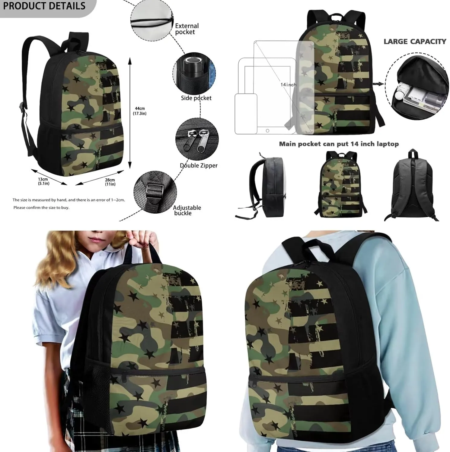 Rnyleeg American Flag Green Camo Backpack for Boys with Lunch Box Fashion Boys Backpack Ages 8-10 Lightweight Bookbag Set for Elementary Middle School Back to School Supplies Set