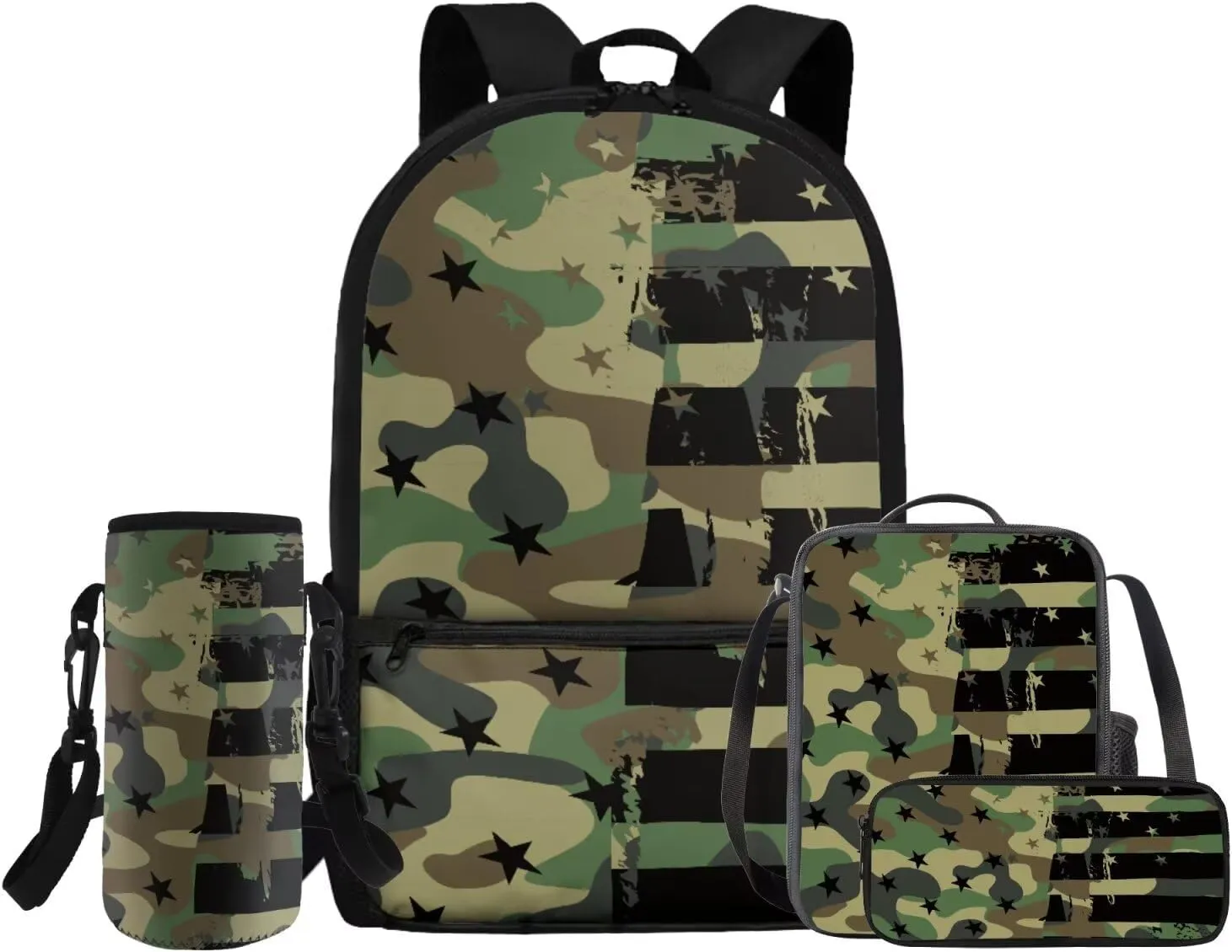 Rnyleeg American Flag Green Camo Backpack for Boys with Lunch Box Fashion Boys Backpack Ages 8-10 Lightweight Bookbag Set for Elementary Middle School Back to School Supplies Set