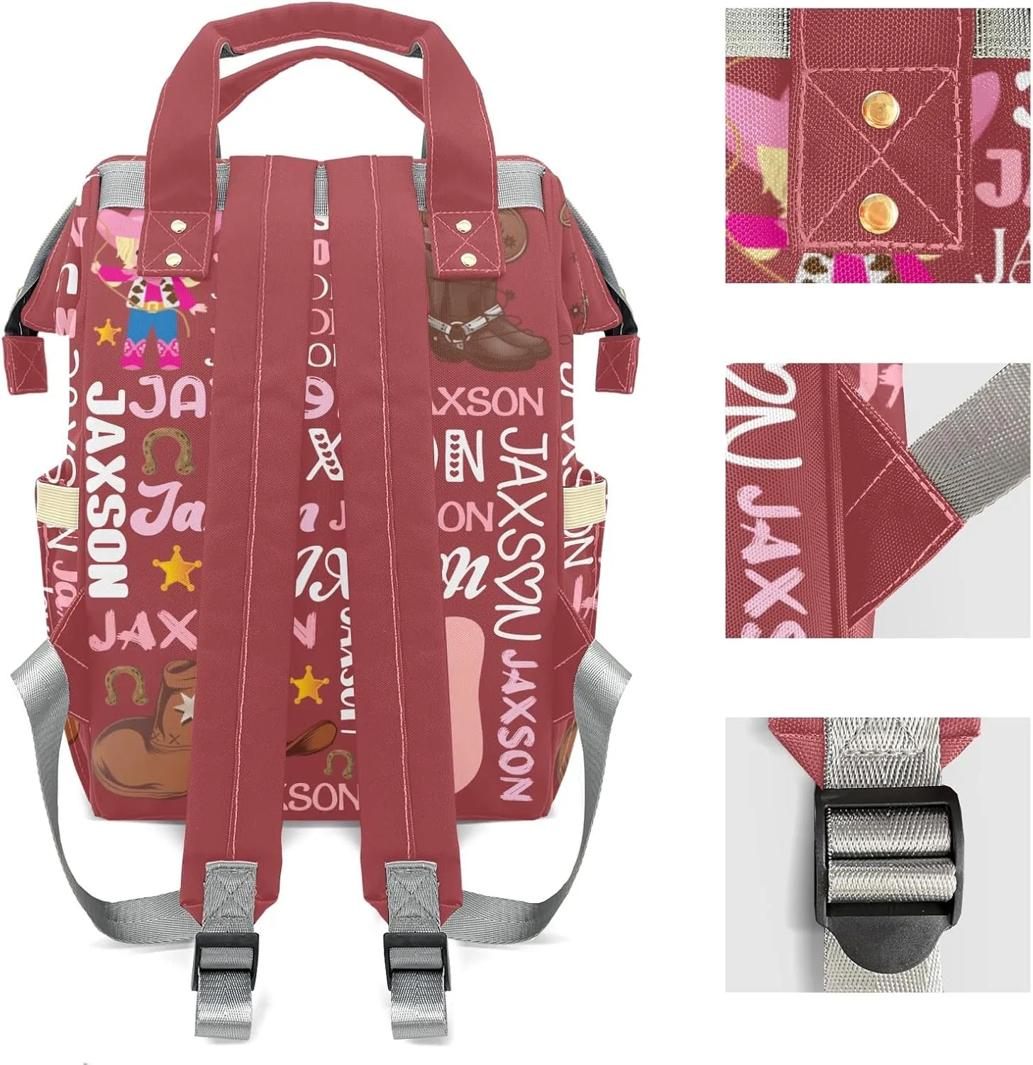 Rodeo Cowgirl Red Pink Text Personalized Large Capacity Diaper Bags,Custom Name Backpack Casual Daypack Bag Nappy Bag Gifts