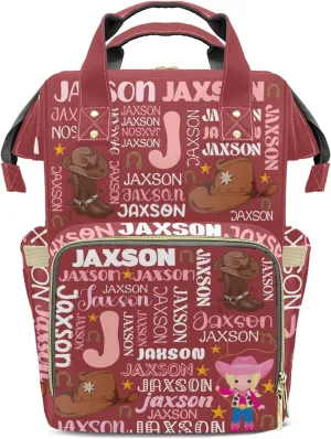 Rodeo Cowgirl Red Pink Text Personalized Large Capacity Diaper Bags,Custom Name Backpack Casual Daypack Bag Nappy Bag Gifts
