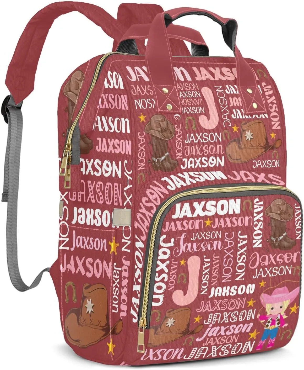 Rodeo Cowgirl Red Pink Text Personalized Large Capacity Diaper Bags,Custom Name Backpack Casual Daypack Bag Nappy Bag Gifts
