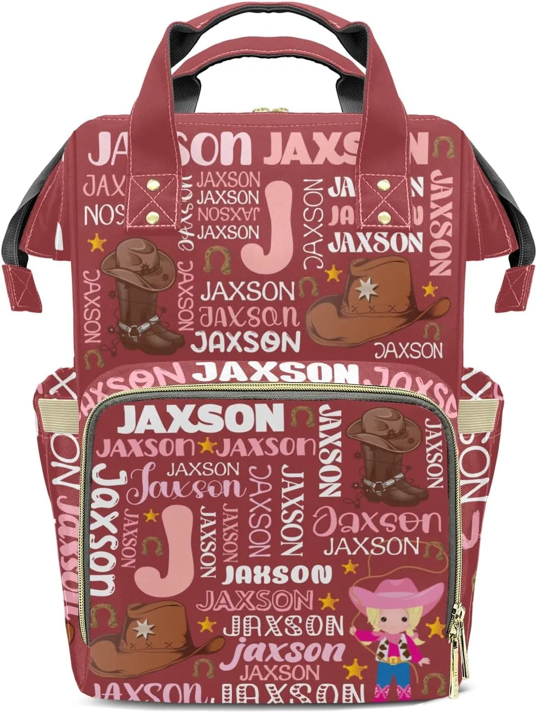 Rodeo Cowgirl Red Pink Text Personalized Large Capacity Diaper Bags,Custom Name Backpack Casual Daypack Bag Nappy Bag Gifts