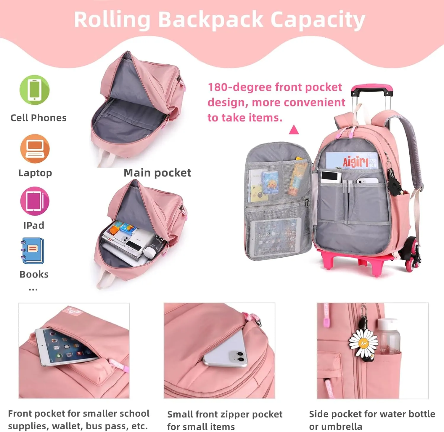 Rolling Backpack,Backpack with Wheels,Kids Roller Backpack for Girls Boys Travel Bag on Wheels Kids Trolley School Bag,Purple