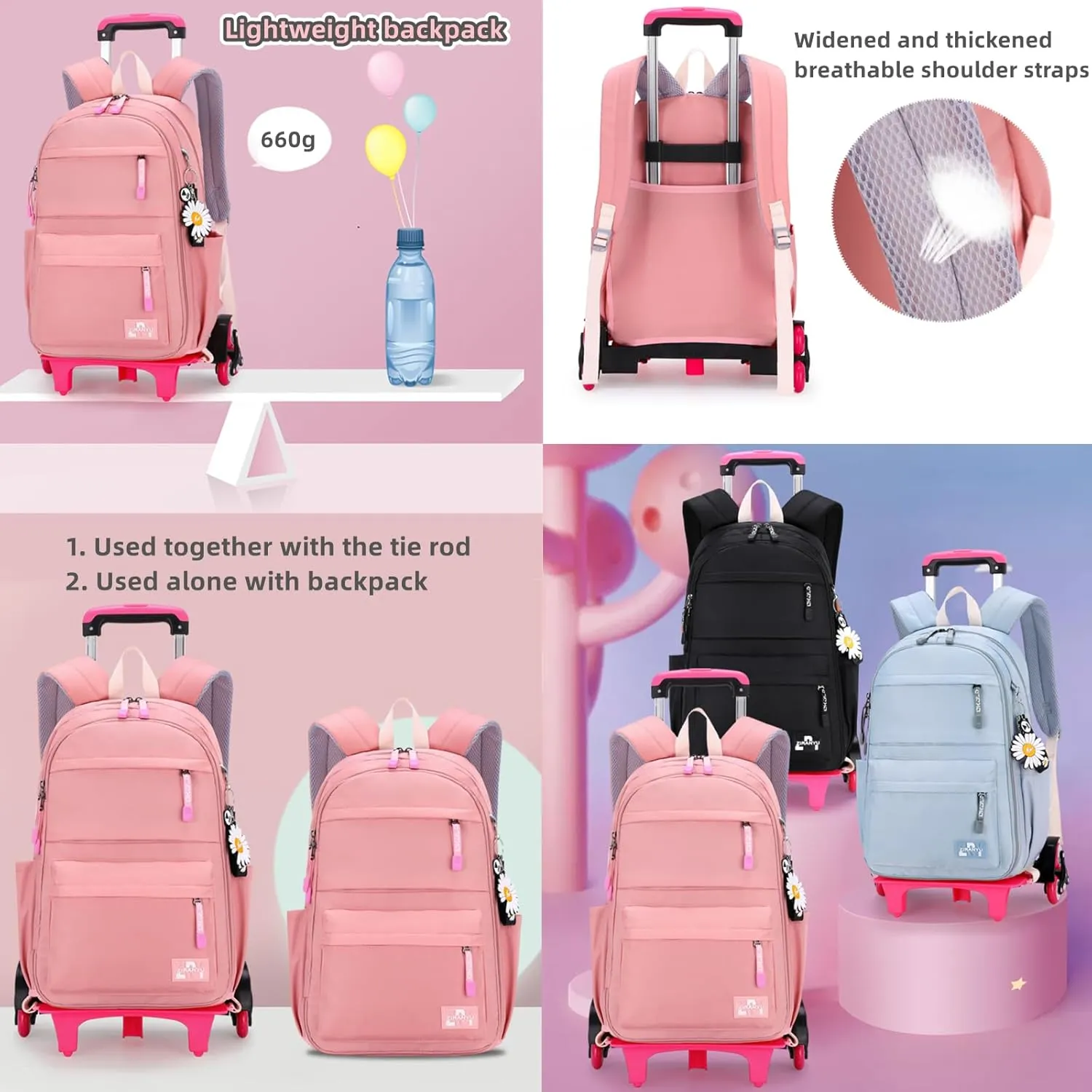 Rolling Backpack,Backpack with Wheels,Kids Roller Backpack for Girls Boys Travel Bag on Wheels Kids Trolley School Bag,Purple