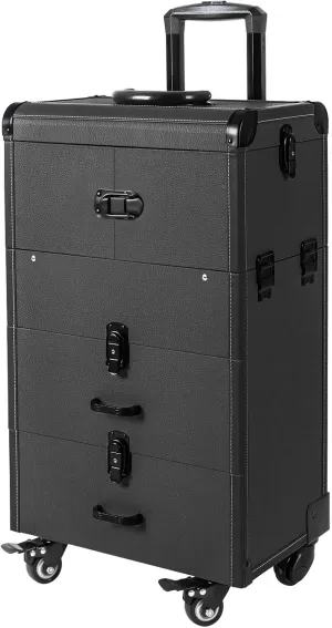 Rolling Case, Professional Makeup Train Case Rolling Makeup Case, Professional Cosmetology Trolley,Makeup Case with Lighted Mirror (Black)