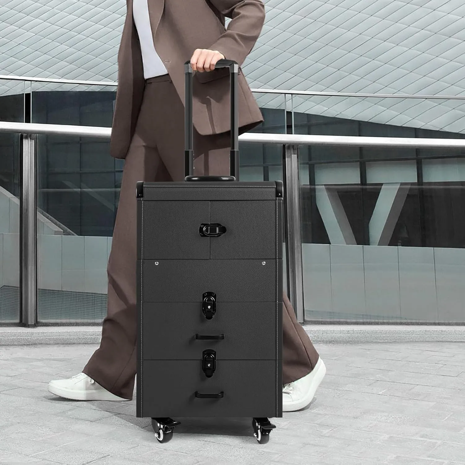 Rolling Case, Professional Makeup Train Case Rolling Makeup Case, Professional Cosmetology Trolley,Makeup Case with Lighted Mirror (Black)