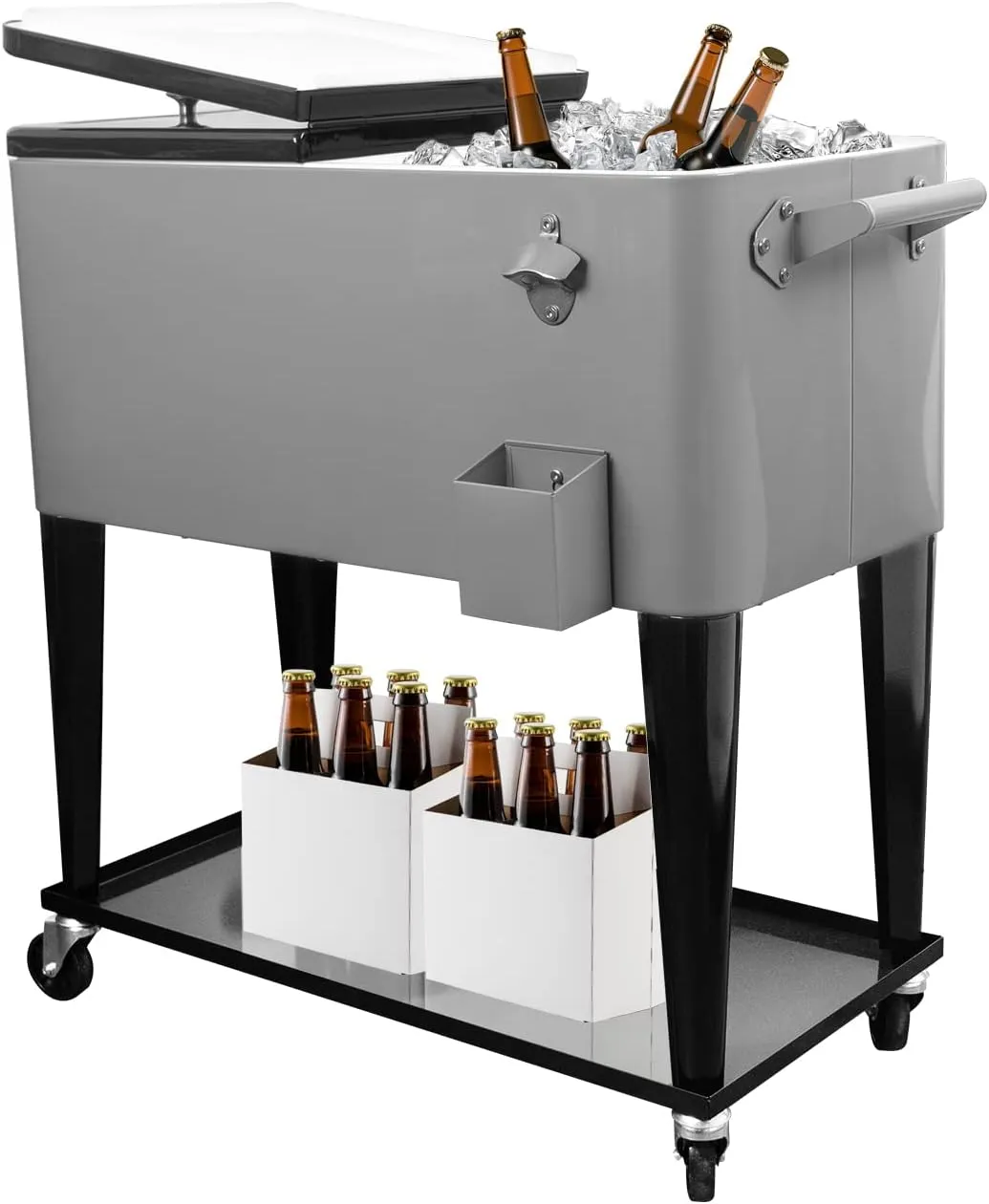 Rolling Cooler Cart Ice Chest for Outdoor Patio Deck Party Portable Bar Cold Drink Beverage Cart, Backyard Cooler Trolley on Wheels with Shelf,80 Quart Cooling Bins, Bottle Opener