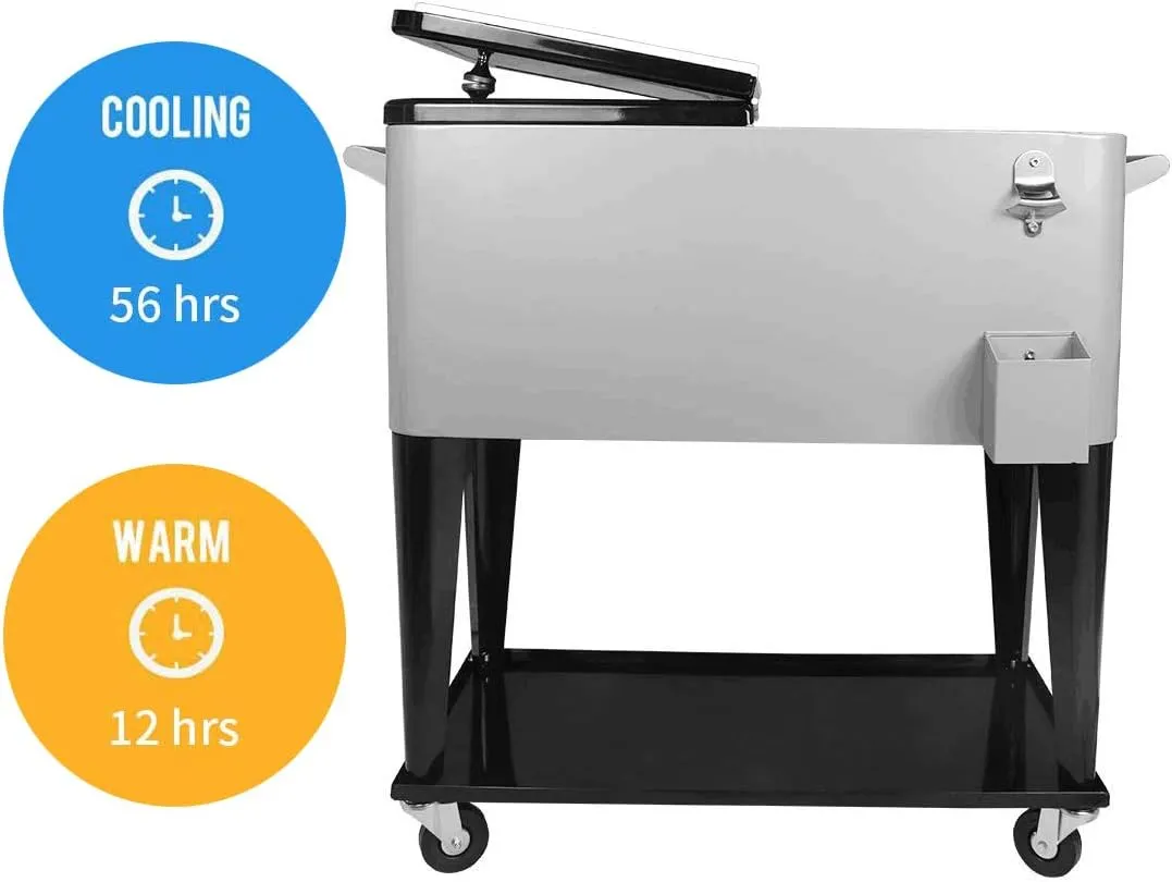 Rolling Cooler Cart Ice Chest for Outdoor Patio Deck Party Portable Bar Cold Drink Beverage Cart, Backyard Cooler Trolley on Wheels with Shelf,80 Quart Cooling Bins, Bottle Opener