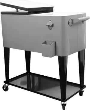 Rolling Cooler Cart Ice Chest for Outdoor Patio Deck Party Portable Bar Cold Drink Beverage Cart, Backyard Cooler Trolley on Wheels with Shelf,80 Quart Cooling Bins, Bottle Opener