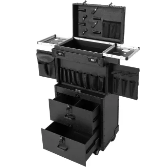 Rolling Lockable Train Cosmetic Case, Cosmetology Kit Extra Large Trolley Makeup Travel Organizer Professional Beauty Salon Luggage Hairdressing Trolley Hair Stylist Travel Case (Black)