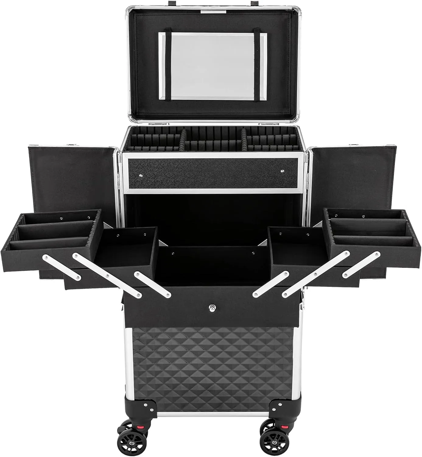 Rolling Makeup Case - 33lbs Capacity Travel Case Organizer with Mirror & 4 Key, Large Storage Cosmetic Trolley
