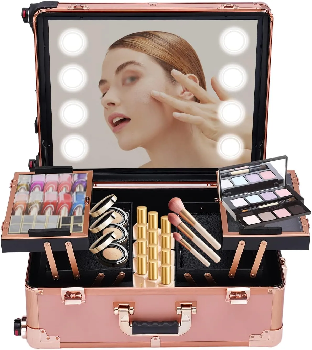 Rolling Makeup Case, Cosmetic Trolley Organizer Travel w/LED Light & Mirror Pro Makeup Station Cosmetic Train Box Organizer   Key Adjustable Legs for Makeup Artist (Rose Gold)