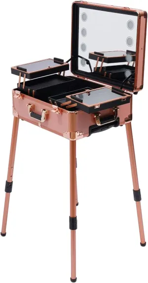 Rolling Makeup Case, Cosmetic Trolley Organizer Travel w/LED Light & Mirror Pro Makeup Station Cosmetic Train Box Organizer   Key Adjustable Legs for Makeup Artist (Rose Gold)