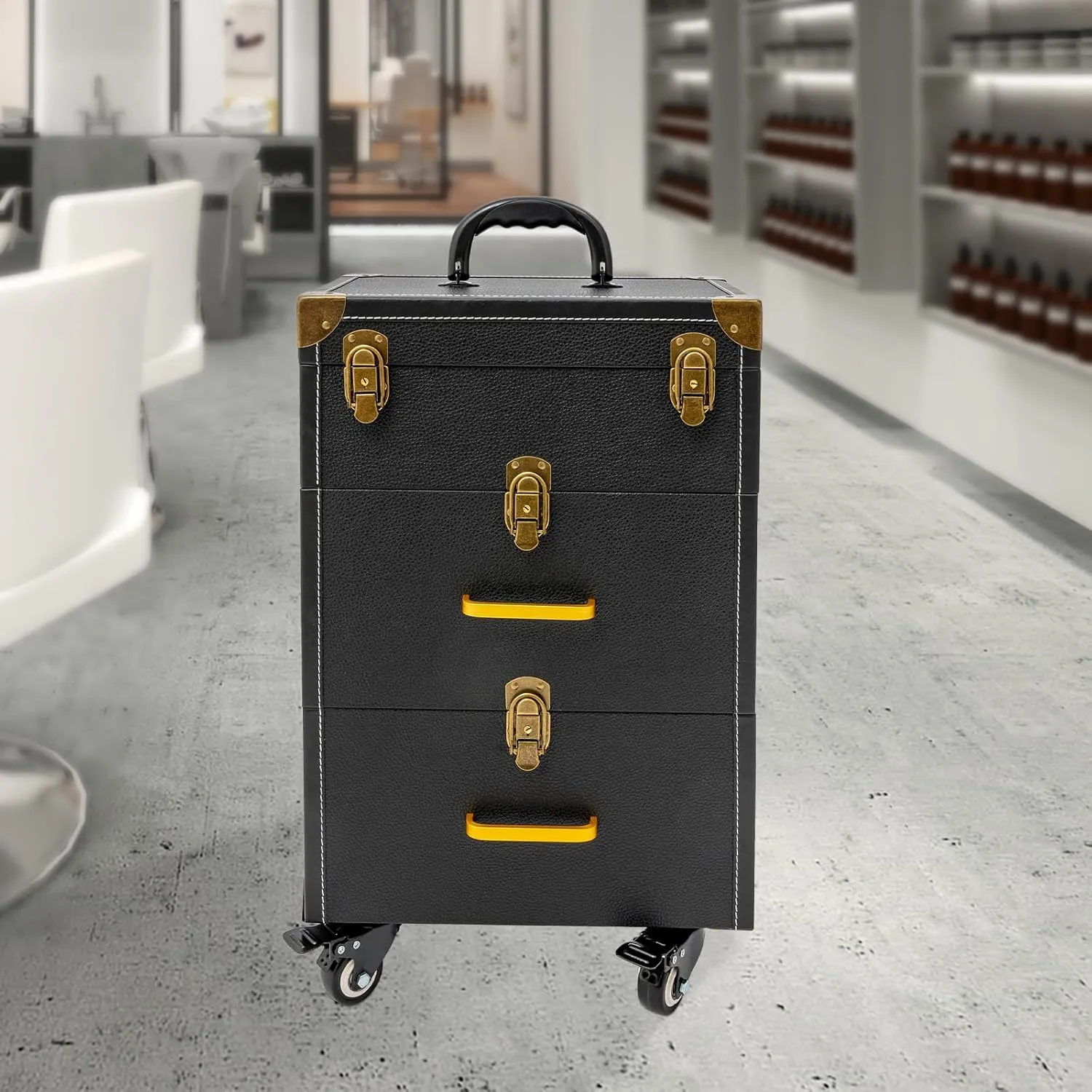 Rolling Makeup Case Large Capacity Cosmetic Case Trolley Hand-held/Hand-pulled Make Up Organizer Box Suitcase Cosmetic Trolley Makeup Suitcase W/Lock & Silent Universal Wheels (Black Bronze)