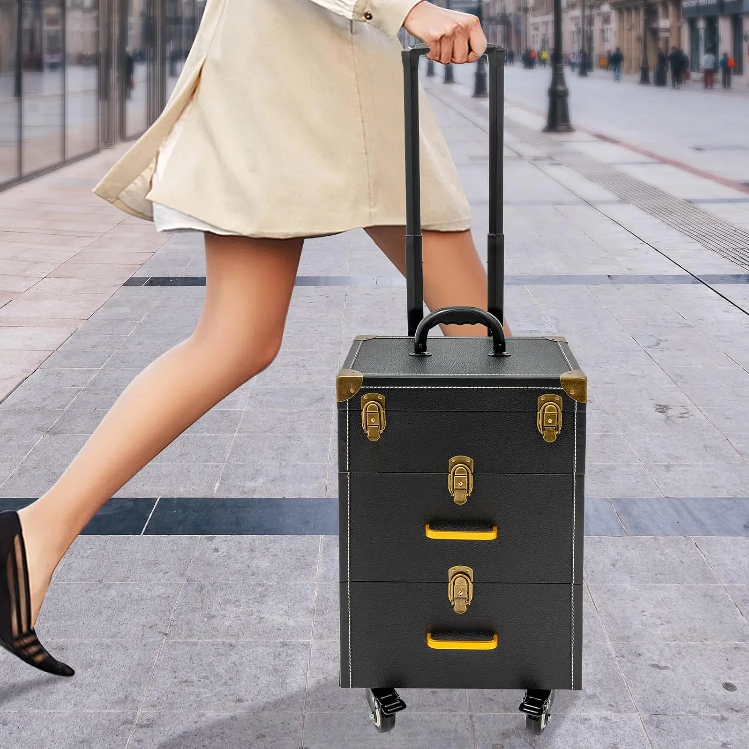 Rolling Makeup Case Large Capacity Cosmetic Case Trolley Hand-held/Hand-pulled Make Up Organizer Box Suitcase Cosmetic Trolley Makeup Suitcase W/Lock & Silent Universal Wheels (Black Bronze)